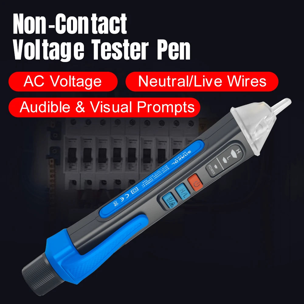 A handheld non-contact voltage tester pen with a blue and gray body and white tip, shown against a dark background.