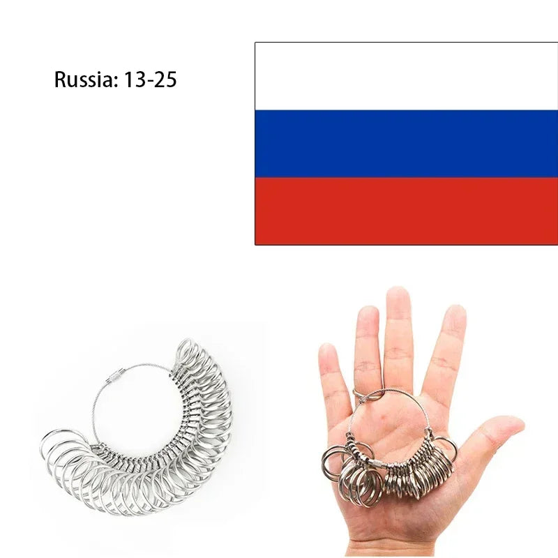 A hand is shown holding a precision stainless steel ring sizer gauge kit.