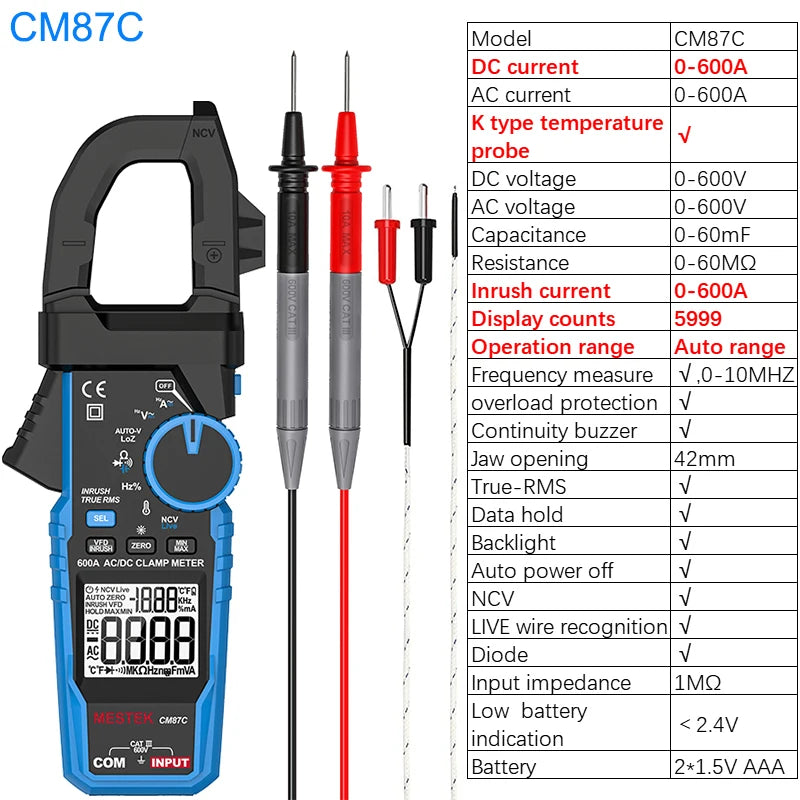 A black clamp meter labeled CM87C showing its display and probe attachments.
