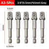 A set of five grey 3/8 inch socket adapters, each measuring 65mm long.