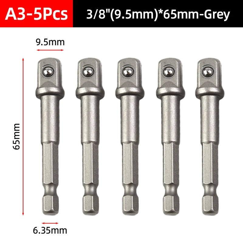 A set of five grey 3/8 inch socket adapters, each measuring 65mm long.