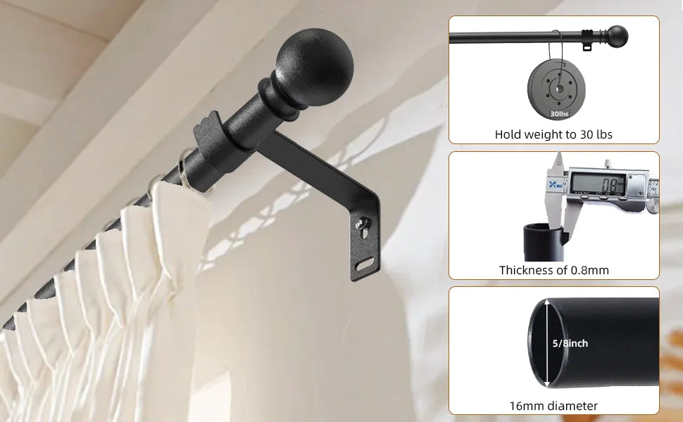 Matte black heavy duty curtain rods with a spherical finial and 16mm diameter for hanging curtains.