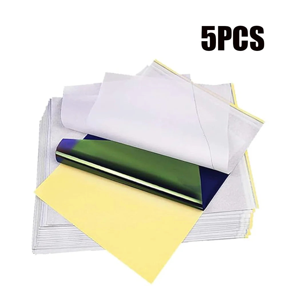 Five packs of professional tattoo practice skin and transfer kits in various colors stacked on a white background.
