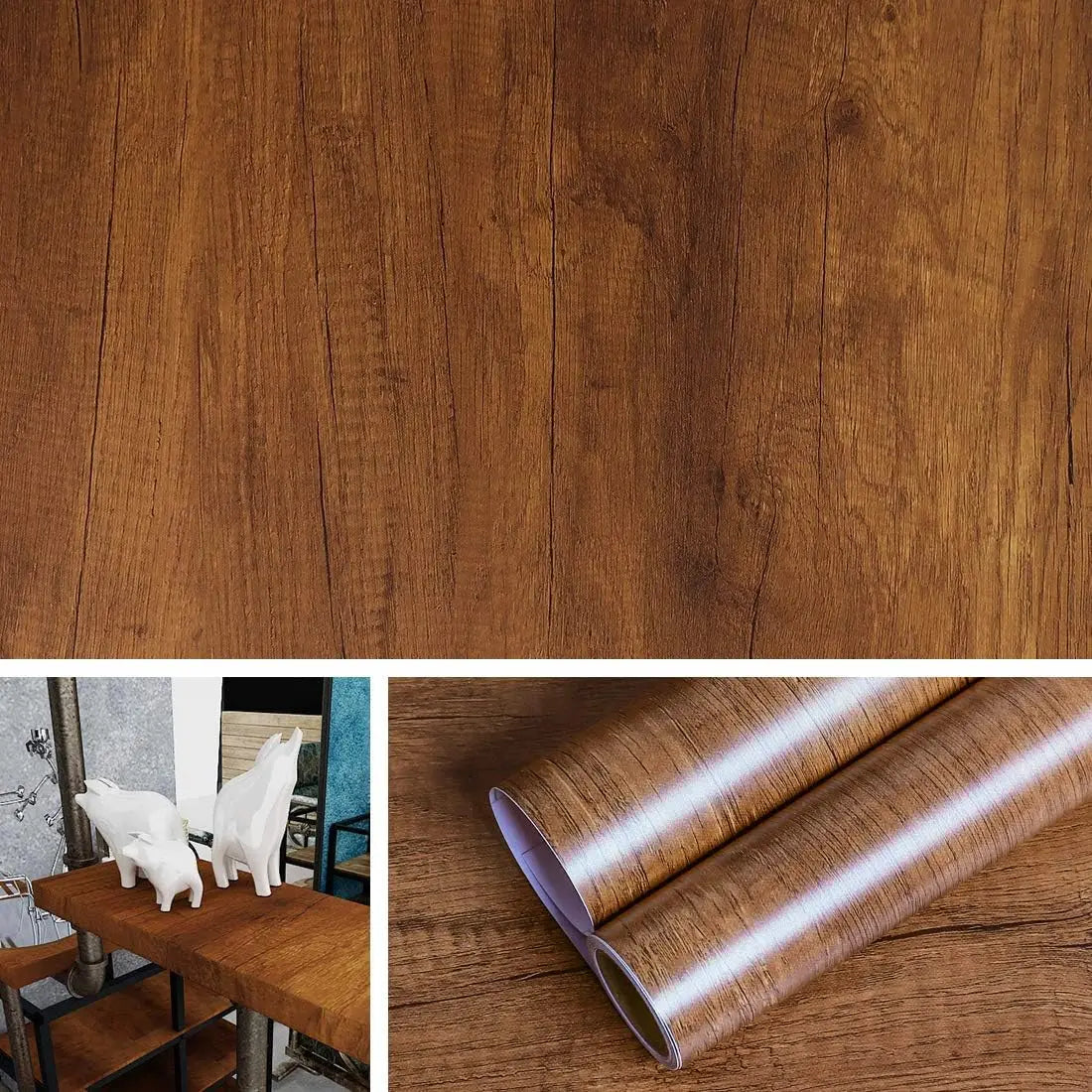 Roll of wood grain vinyl wall contact paper next to white sheep.
