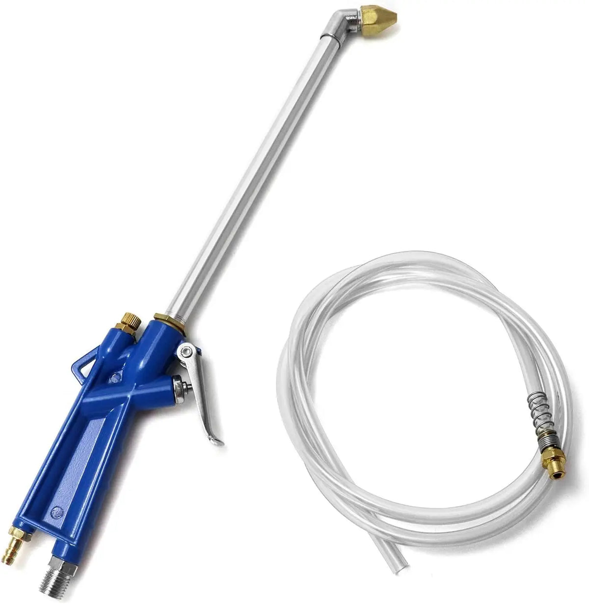 A blue heavy duty pneumatic cleaning gun with a metal nozzle and a clear hose.