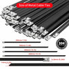 A collection of black metal cable ties in various sizes and thicknesses, including 200mm to 500mm lengths.