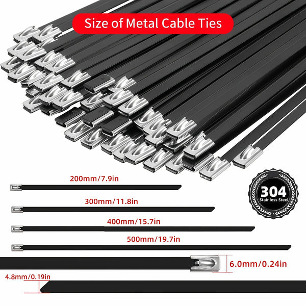 A collection of black metal cable ties in various sizes and thicknesses, including 200mm to 500mm lengths.