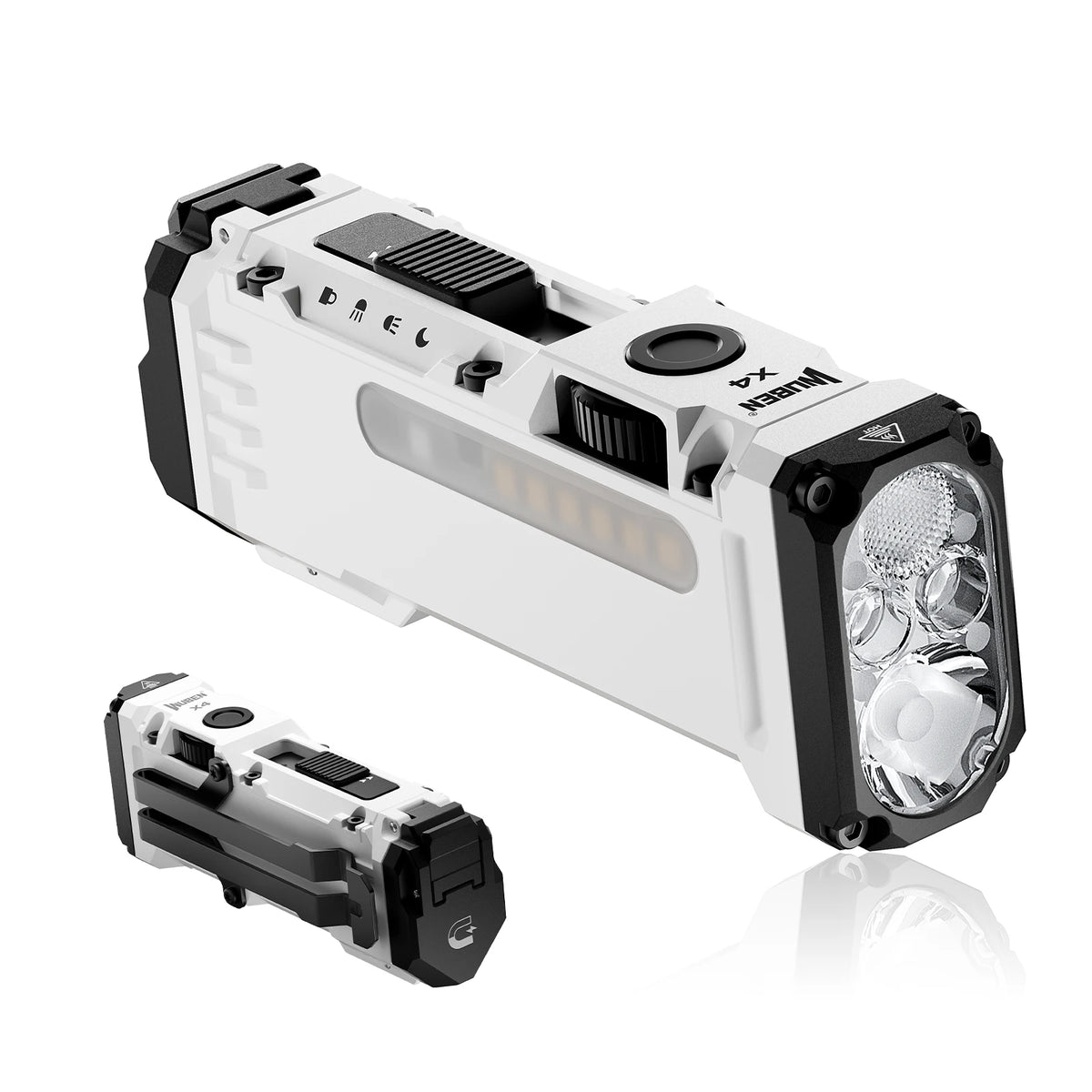 A white and black Wuben X4 Tactical LED flashlight is shown with its battery removed.