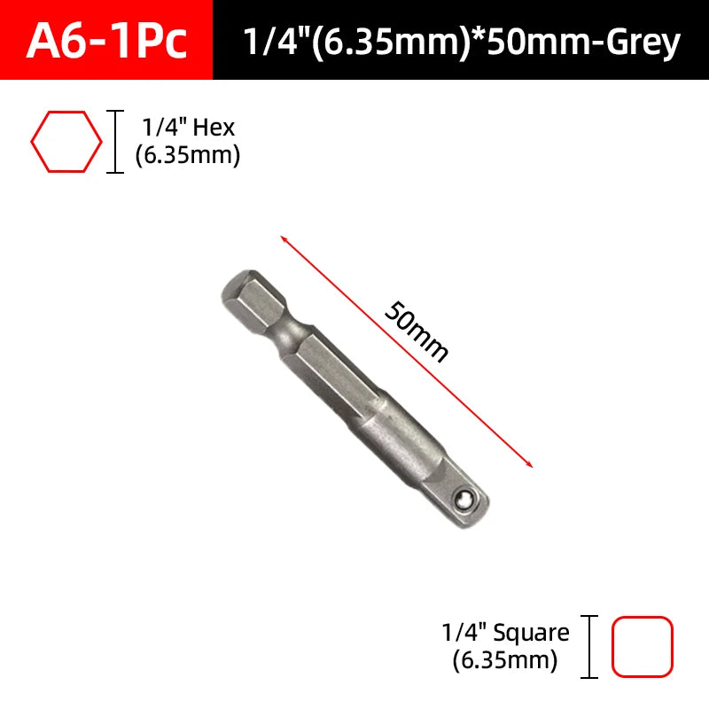 A set of 1/4 inch hex and square socket adapters in grey for power tools.
