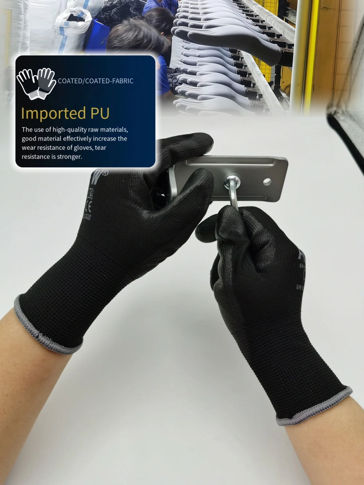 A hand wearing a black work glove is shown gripping a metal object, demonstrating the wear resistance of the glove.