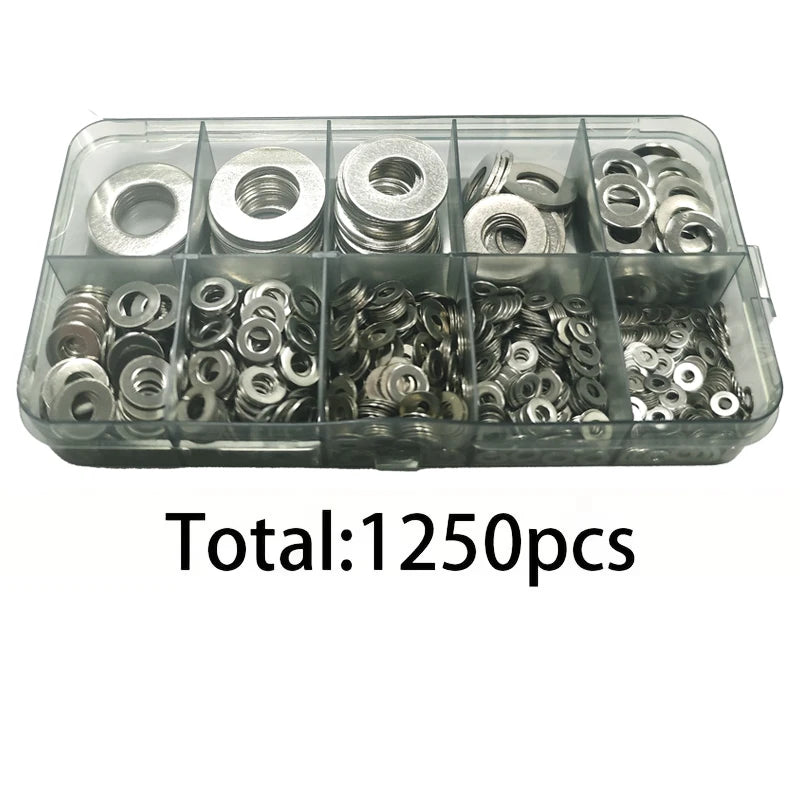 A clear plastic tray filled with various sizes of precision 304 stainless steel washers.