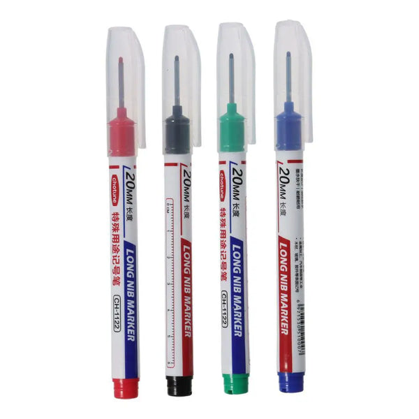 Ein Set von fünf langen Nadelstift-Stiften in verschiedenen Farben, darunter rot, grün und blau.
