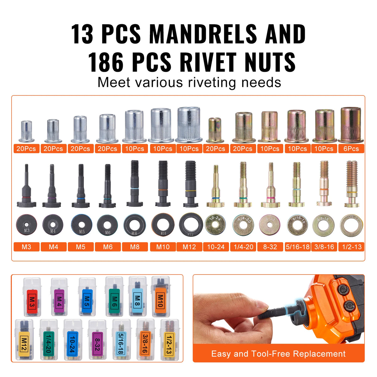 A set of 13 mandrels and 186 rivet nuts for riveting needs, shown next to a tool.