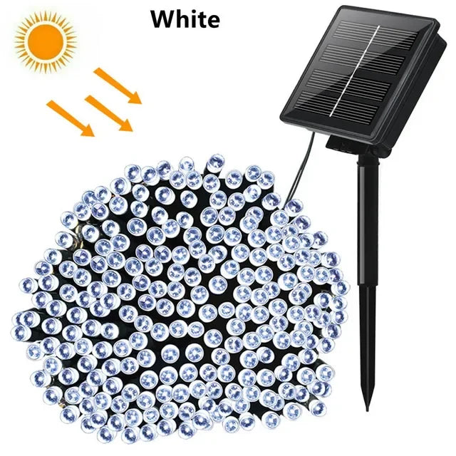 A cluster of white LED string lights powered by a solar panel, shown next to a sun icon.