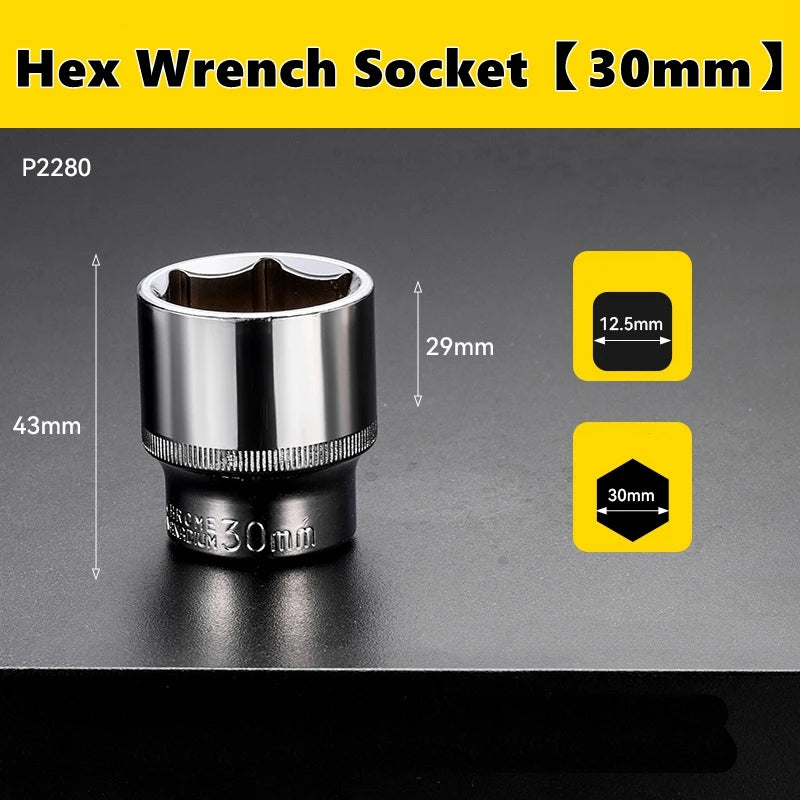 A silver hex wrench socket with a 30mm drive size is shown against a dark background.