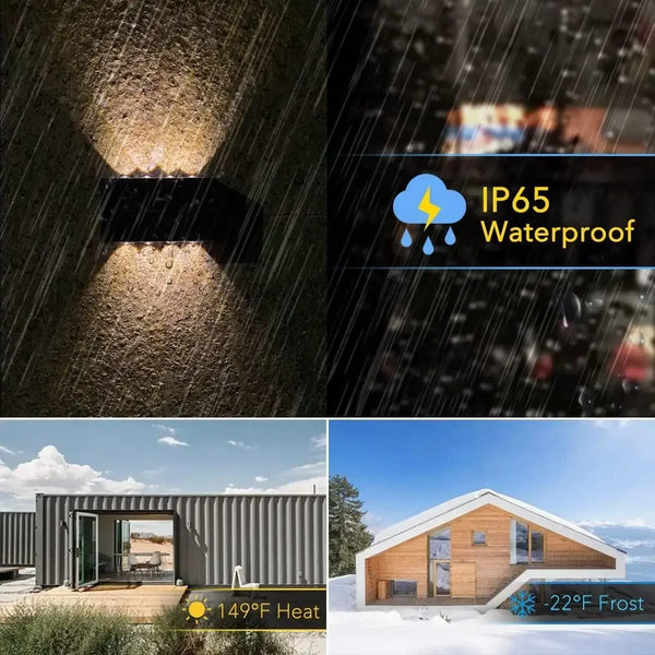 A solar wall light is shown with an IP65 waterproof rating, next to a modern building and a snowy landscape.