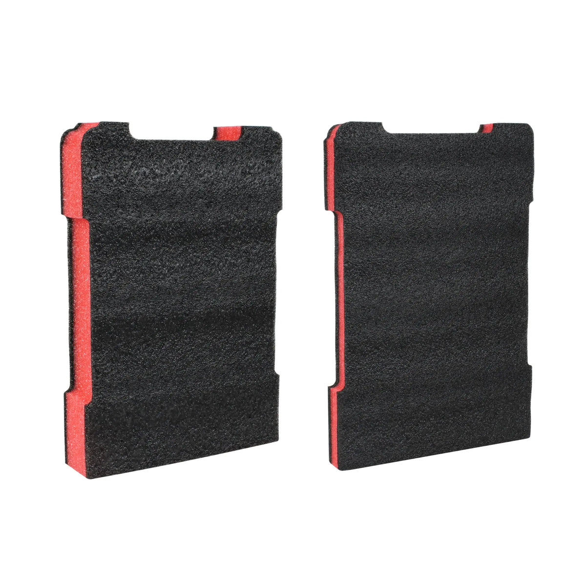 Two black foam inserts with red trim designed for custom fitting in Milwaukee tool boxes