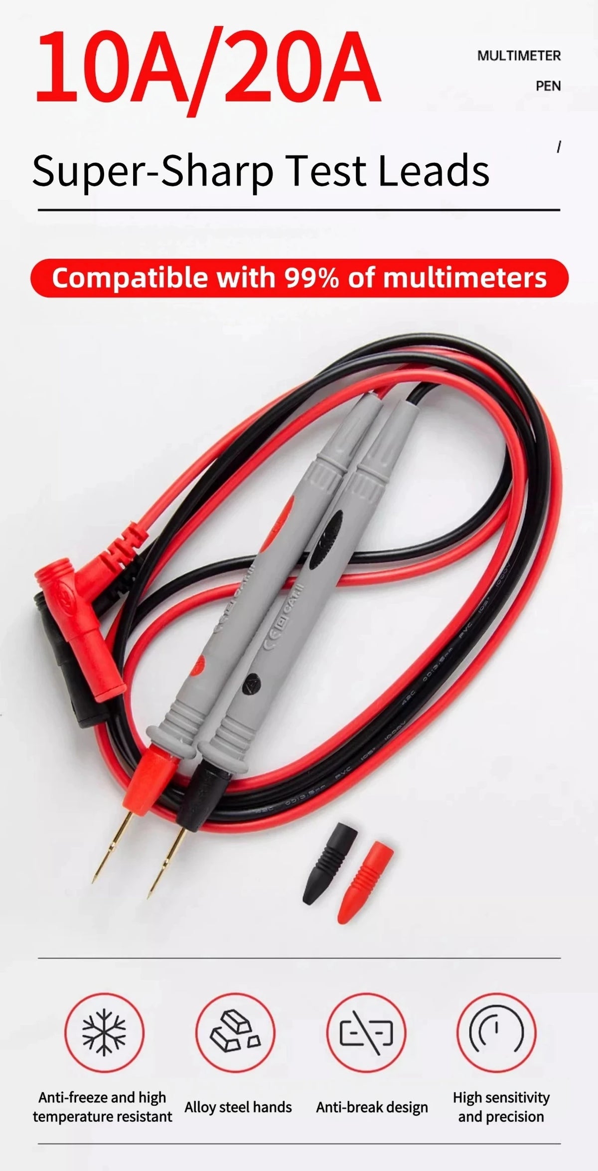 A set of 10A/20A super-sharp test leads for multimeters, featuring alloy steel hands and anti-break design.