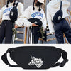 A black linen crossbody waist bag featuring a silhouette of a unicorn head.