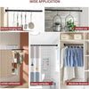 Stainless steel closet rod brackets for hanging clothes and kitchen utensils.
