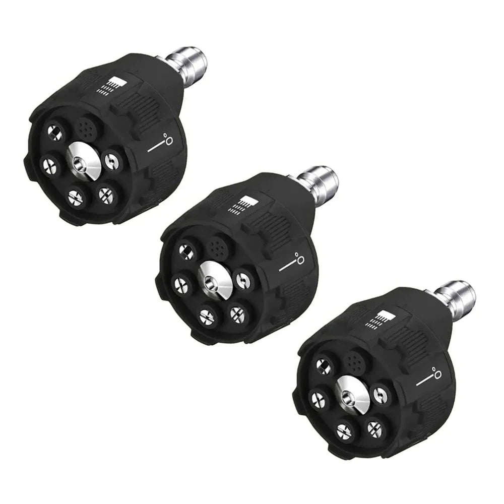 A set of six adjustable pressure washer nozzles in black and silver metal fittings.