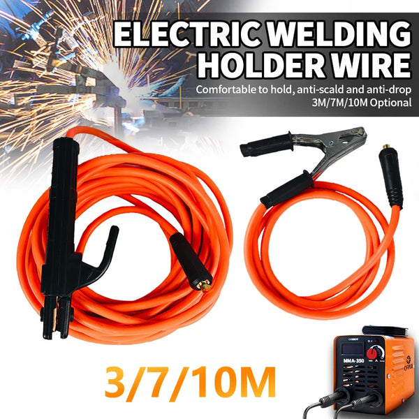 Orange electric welding holder wire coiled for use with a heavy-duty welding wire and electrode holder