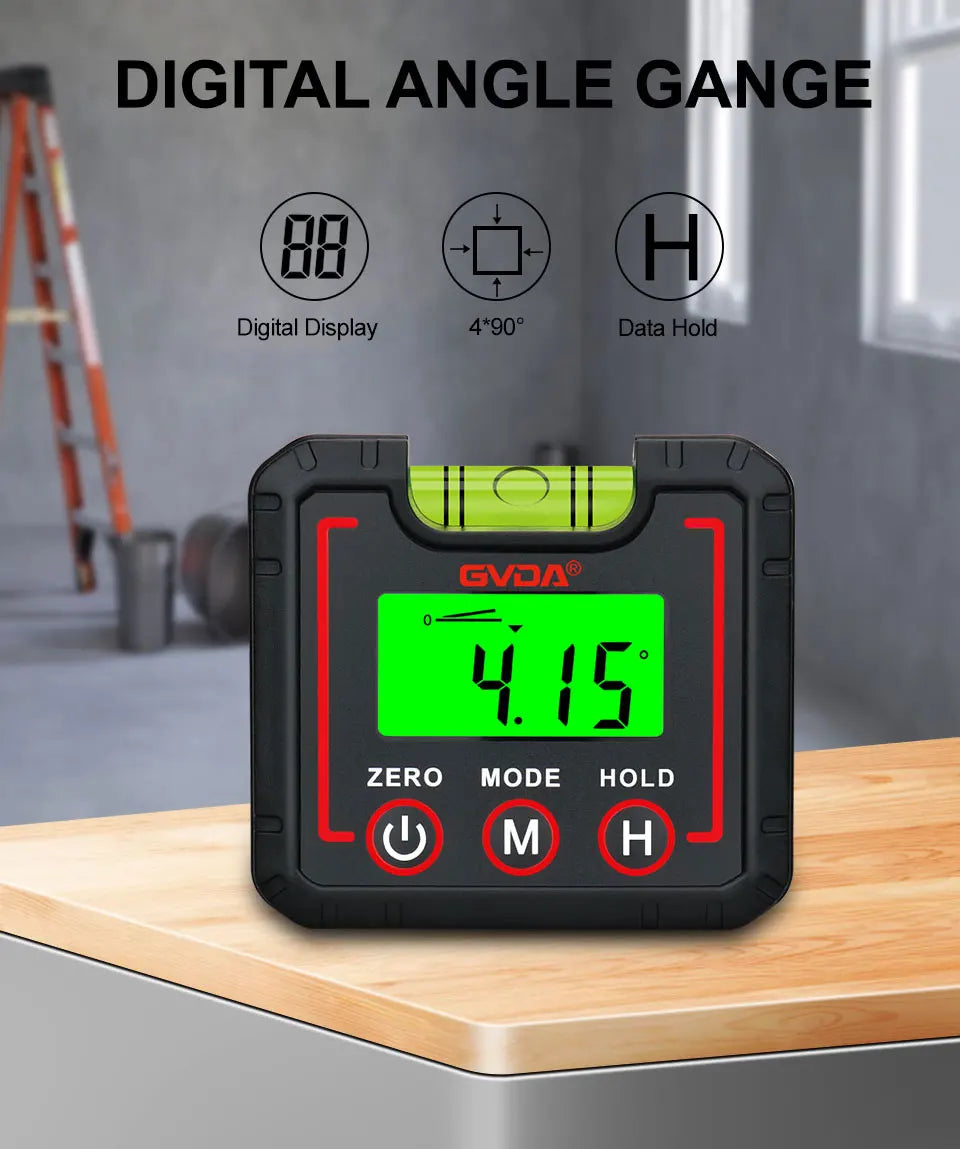 A black digital angle gauge with a green display showing 4.15 degrees, featuring zero, mode, and hold functions.