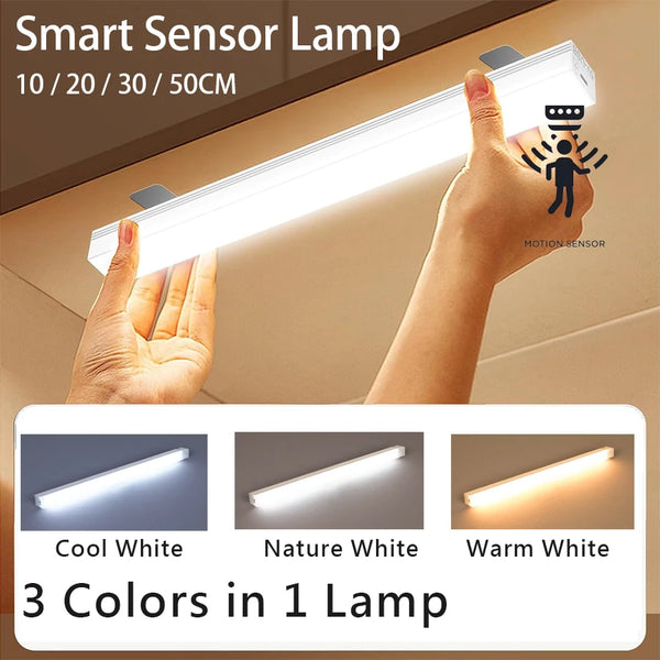 A hand is illuminating a Smart Sensor Lamp, showing three color options: Cool White, Nature White, and Warm White.