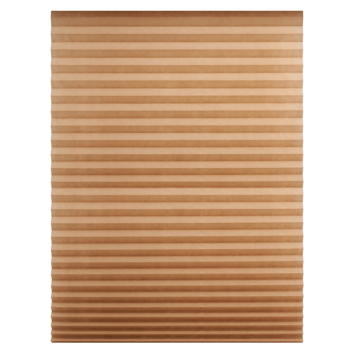 Horizontal pleated window blinds in a light tan or beige color.
