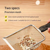 A stainless steel mesh scoop is shown with two different mesh sizes for cat litter, resting on a pile of brown litter.