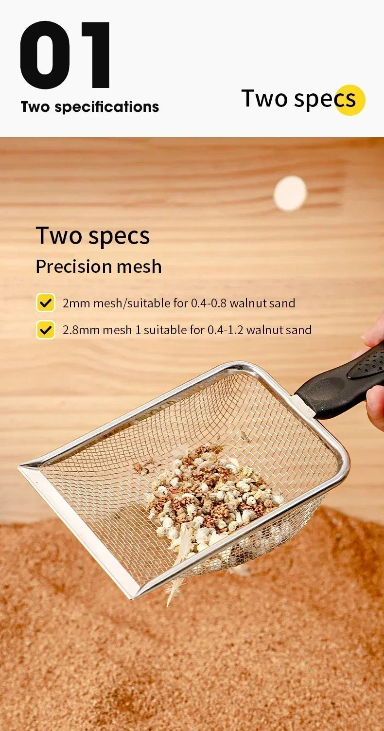 A stainless steel mesh scoop is shown with two different mesh sizes for cat litter, resting on a pile of brown litter.