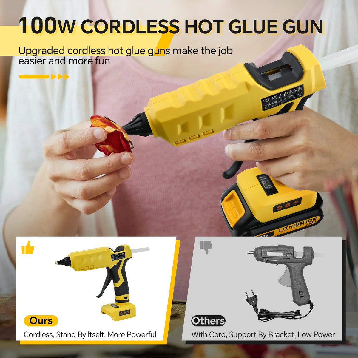 A person holds a yellow cordless hot glue gun, demonstrating its use for gluing tasks.