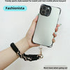 A hand is holding a smartphone attached to a black braided lanyard for sports and outdoor use.