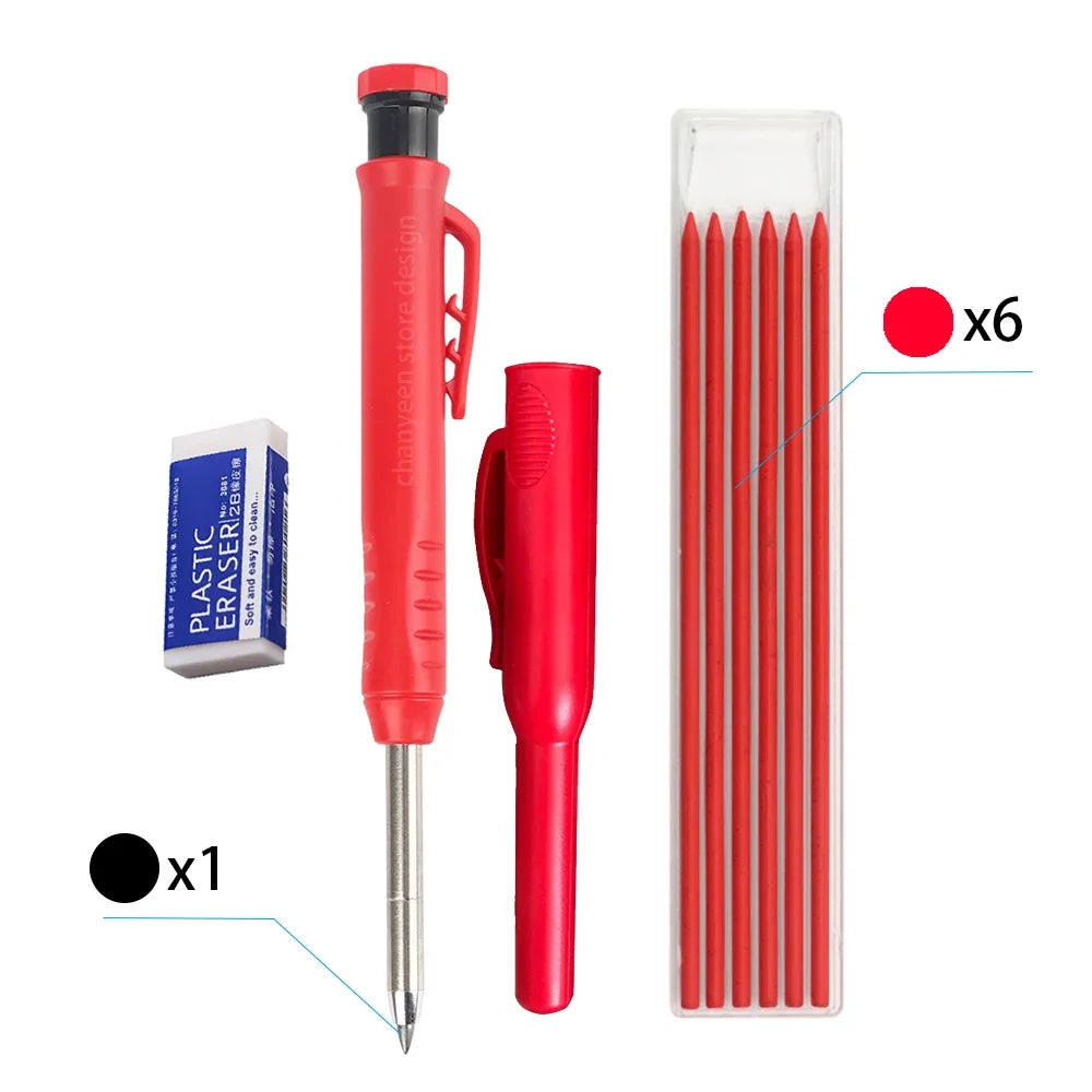 A set of six red pencil refills and one plastic eraser shown next to the complete set.