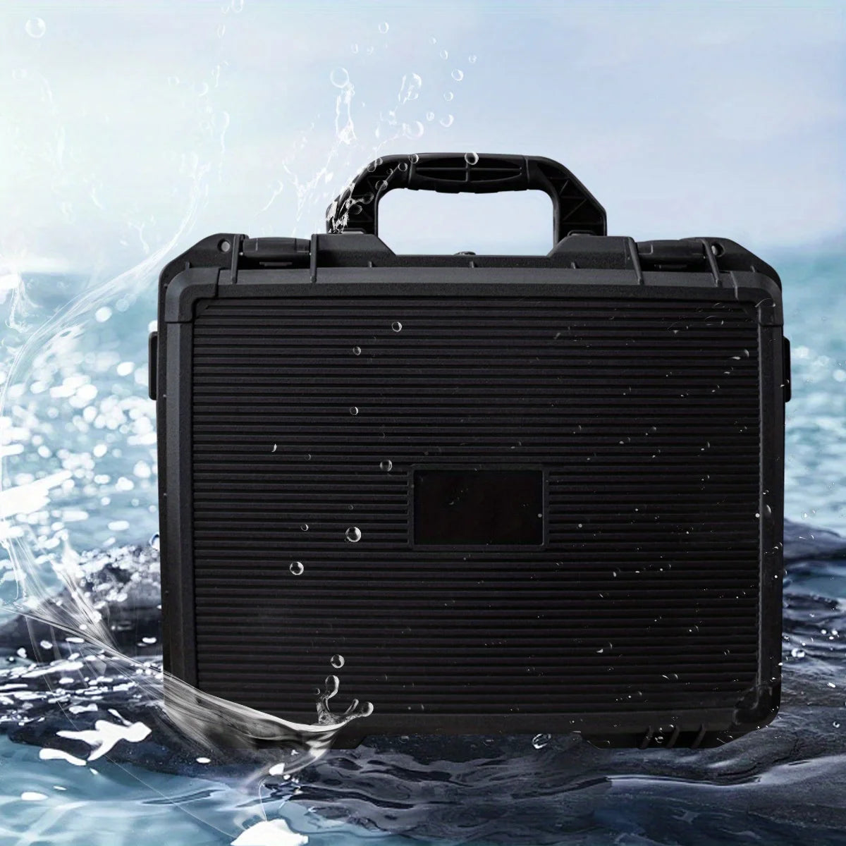A black universal portable tool box in a shockproof carrying case is shown being dropped into water.