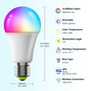 A white smart LED bulb with a colorful gradient, featuring dimmable light and wireless Wi-Fi connection.