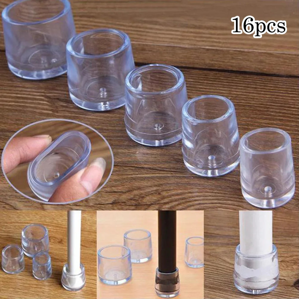A collection of 16 clear acrylic furniture leg foot protectors in various sizes and shapes.