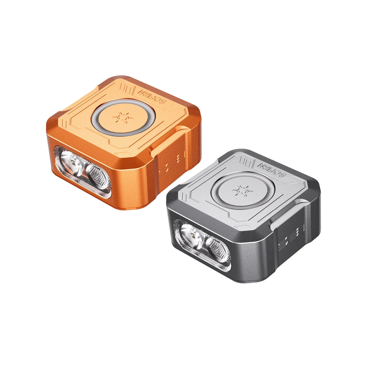 Une paire de lampes torches EDC de poche, une orange et une argentée, avec une fonction de bague de signal RVB.