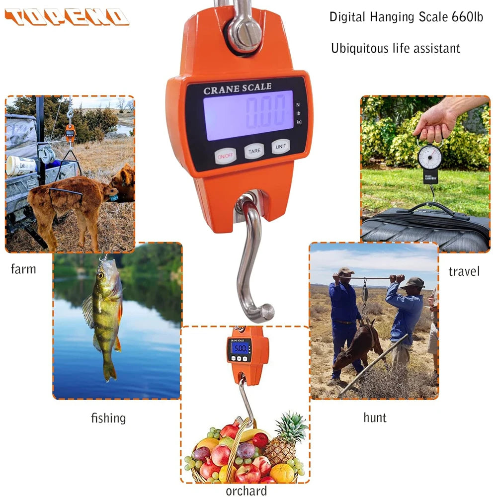 Orange digital hanging scale used for measuring weight in various contexts like farming, fishing, hunting, and orchard work.