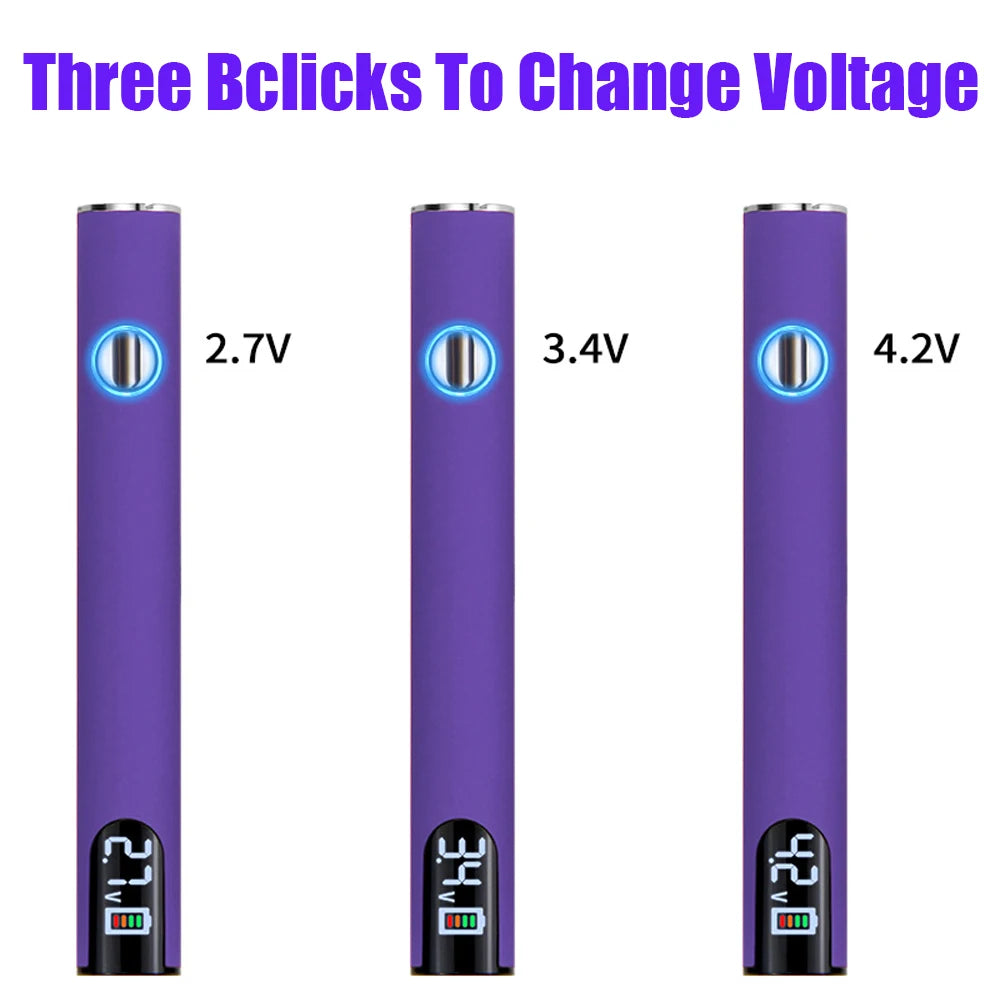 Drei Spannungsstufen eines lila digitalen Lötkolbenstiftes, die 2,7V, 3,4V und 4,2V Ausgänge zeigen.