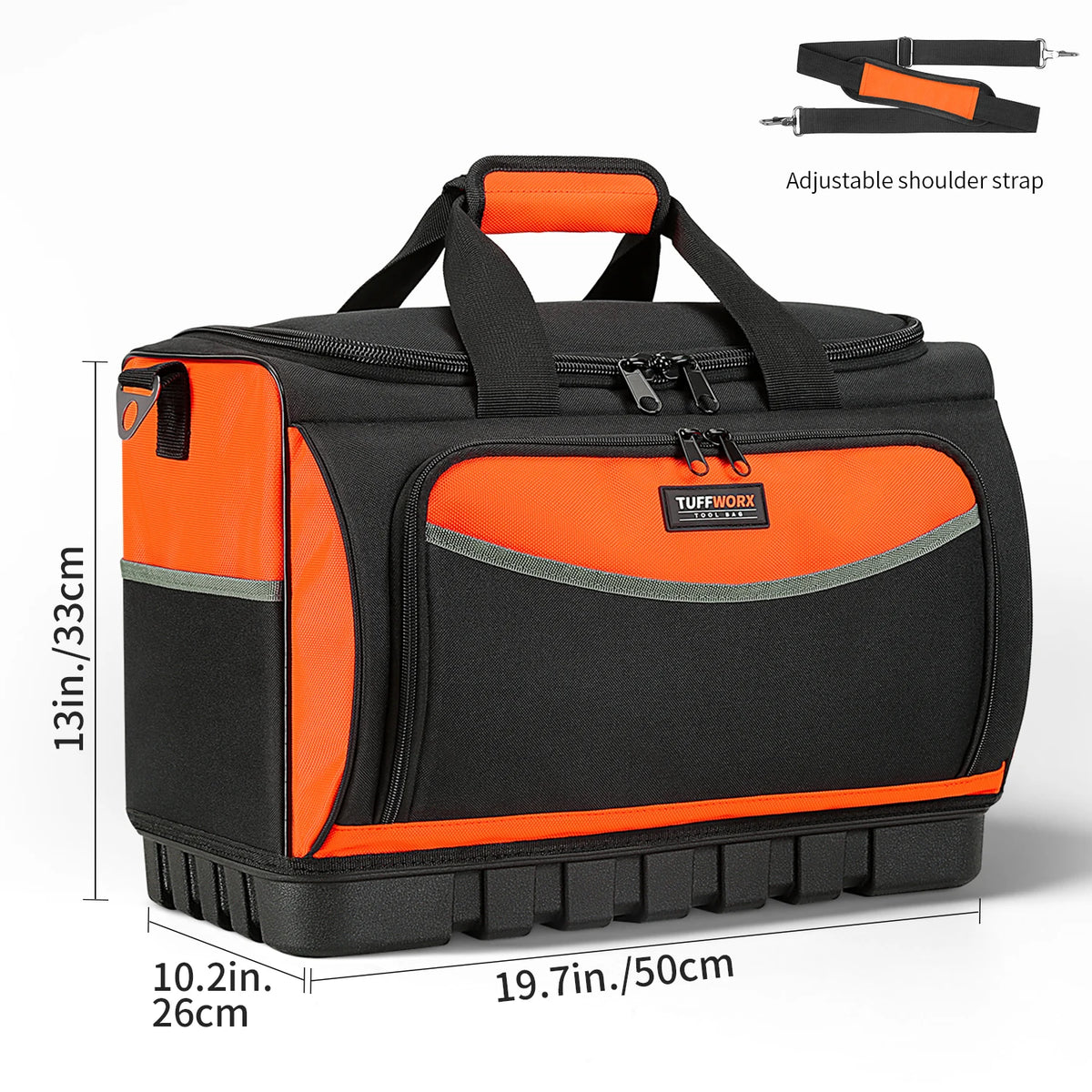 Black and orange heavy duty open top tool organizer bag with an adjustable shoulder strap
