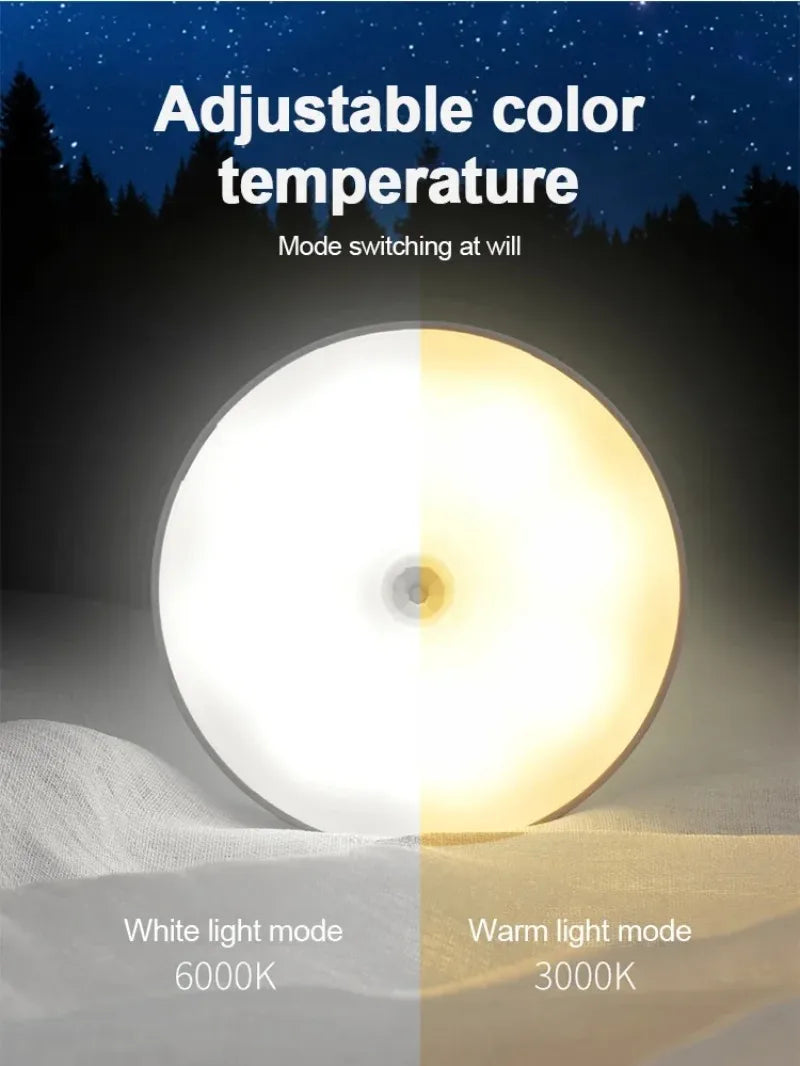 A round LED light source demonstrating adjustable color temperature, showing white light (6000K) and warm light (3000K) modes