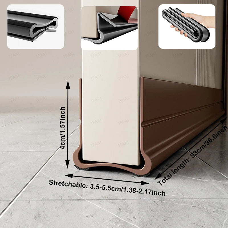 A brown flexible PVC door draft stopper weather strip shown in various angles and dimensions.