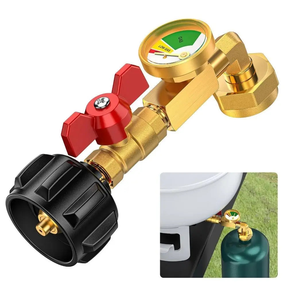 A brass gas tank connector adapter with a pressure gauge and a black fitting is shown next to a toilet.