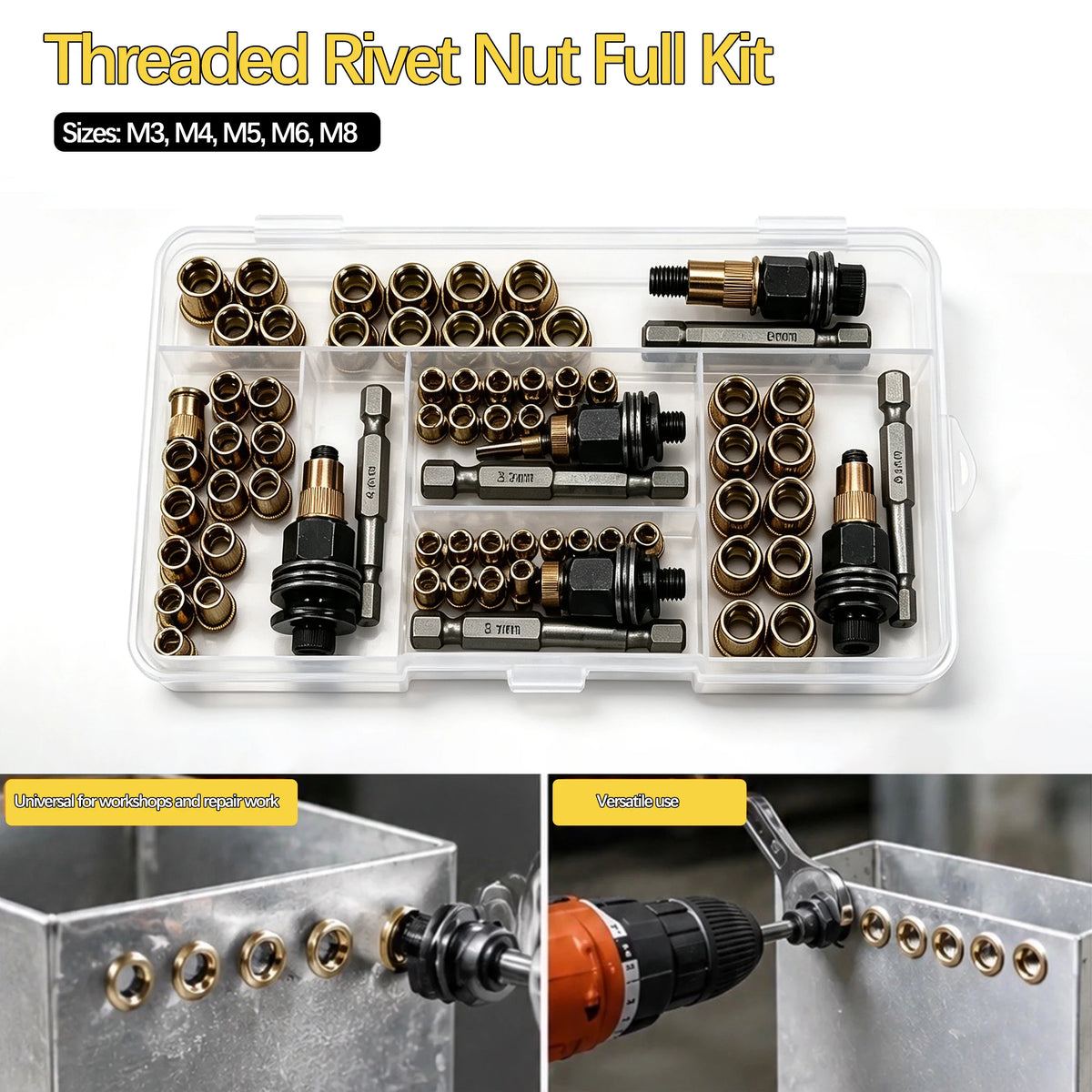 A clear plastic kit containing various threaded rivet nuts and rivets for metalworking projects