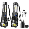 A black high-power rechargeable LED tactical flashlight with a detachable cord and battery.