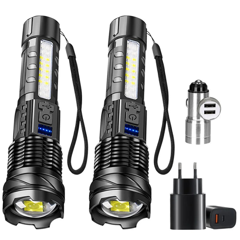 A black high-power rechargeable LED tactical flashlight with a detachable cord and battery.