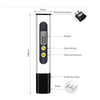 A digital water quality tester device shown with various components like a display, button battery, and probe.