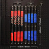 A black socket organizer rack with multiple rows of red and blue sockets, measuring 44.2 cm long.