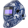 A blue and white auto-darkening welding helmet with a clear visor and decorative scrollwork.